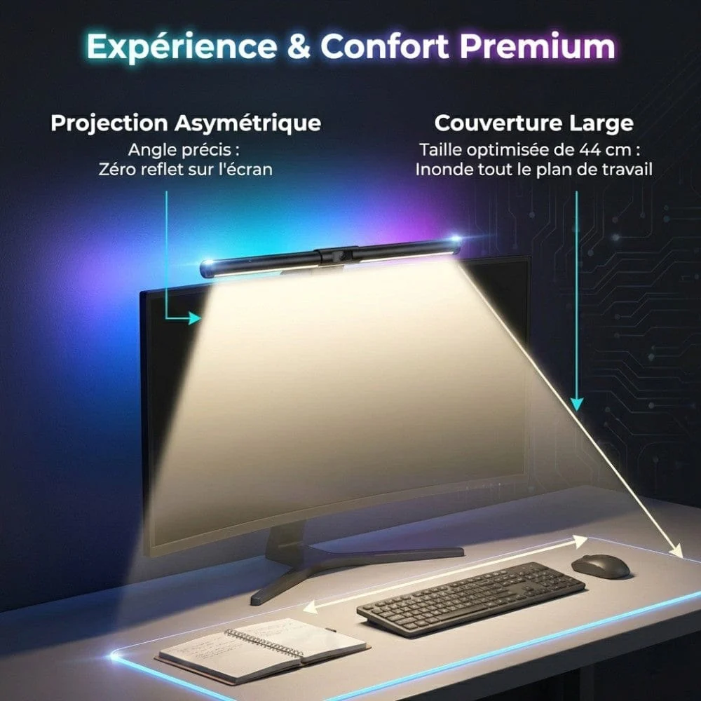 Lampe Pure Screenbar noire fixée sur un écran d'ordinateur de gamer